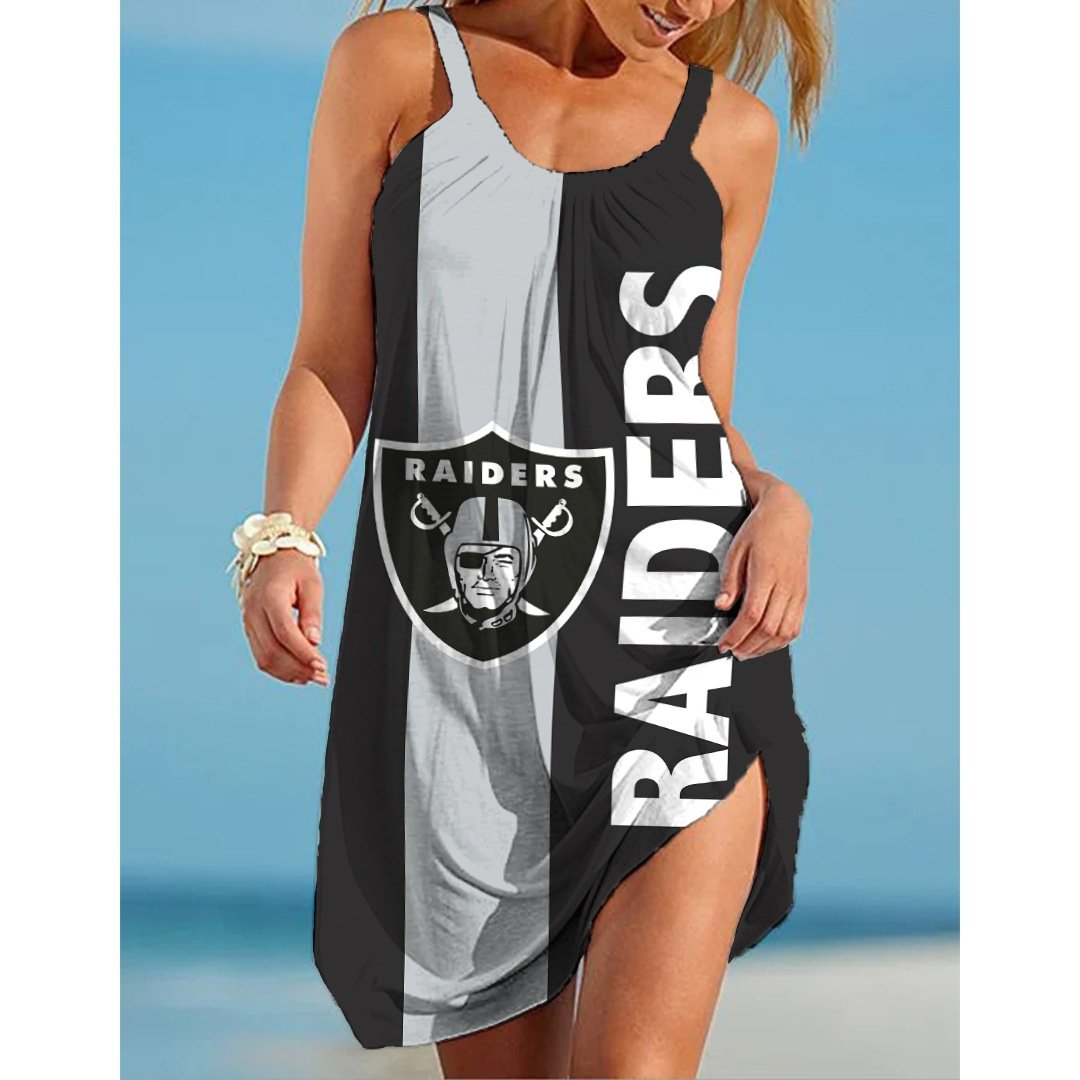 Las Vegas Raiders Womens Summer Shirt Dress V Neck Sundress Beach Midi Dress
