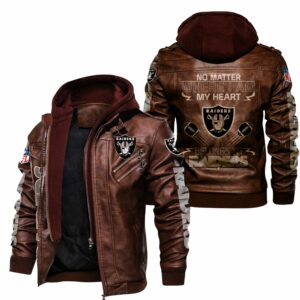 NFL Oakland Raiders Leather Jacket No Matter Where I Am My Heart Brown